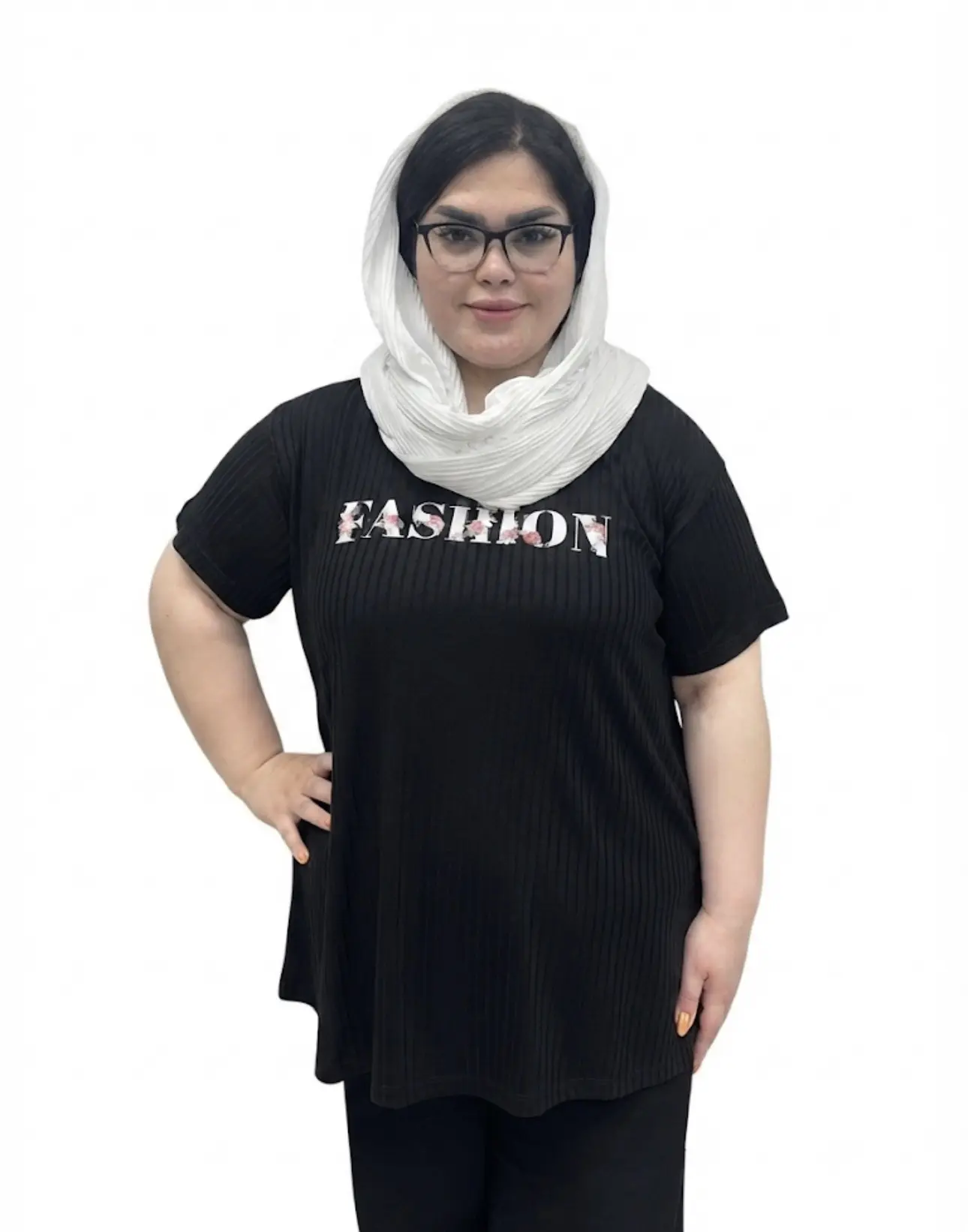 تیشرت سایز بزرگ زنانه طرح Fashion مدل سوزن خالی (کبریتی)
